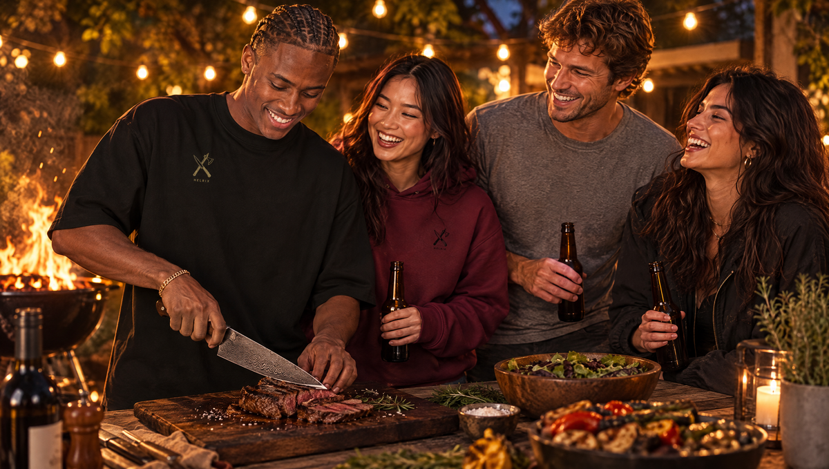 BBQ-Abend mit Freunden in HELRIX-Kleidung am Grill