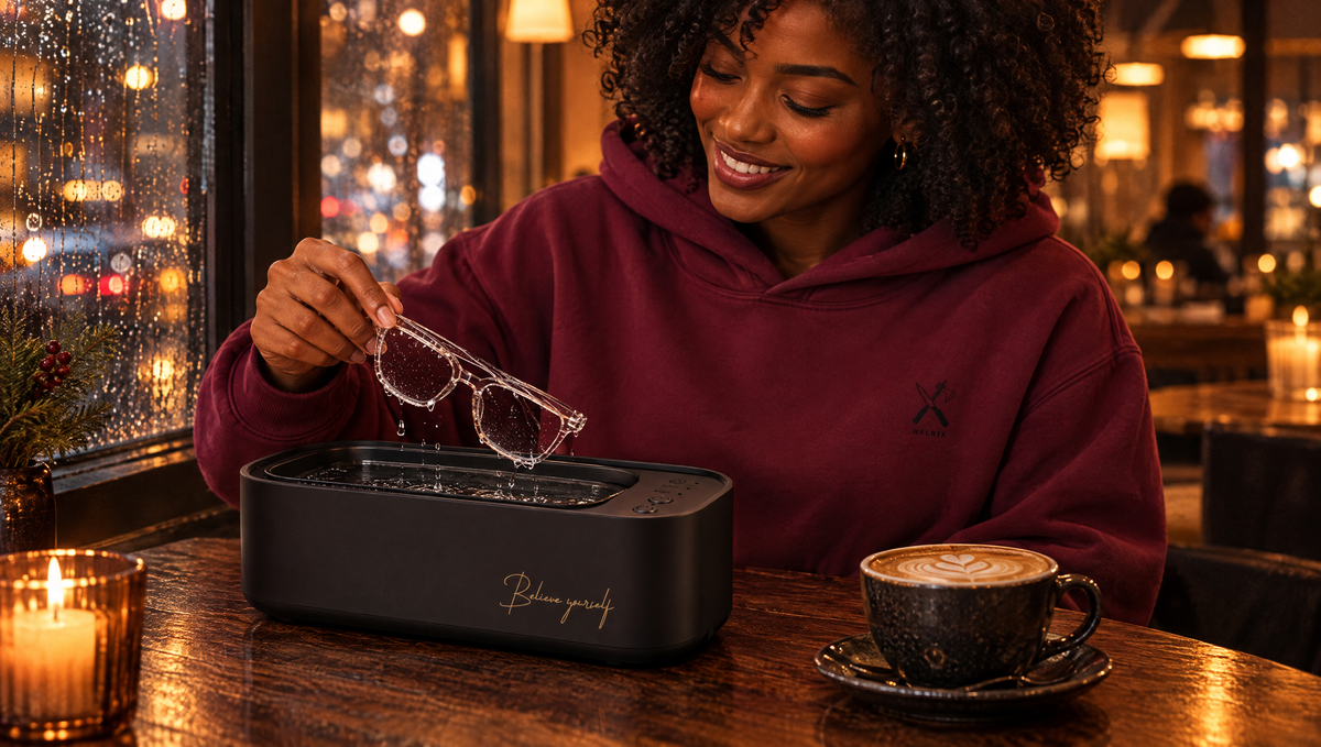 Frau im HELRIX Hoodie nimmt ihre saubere Brille aus dem SoniQ Lens Spa im Café