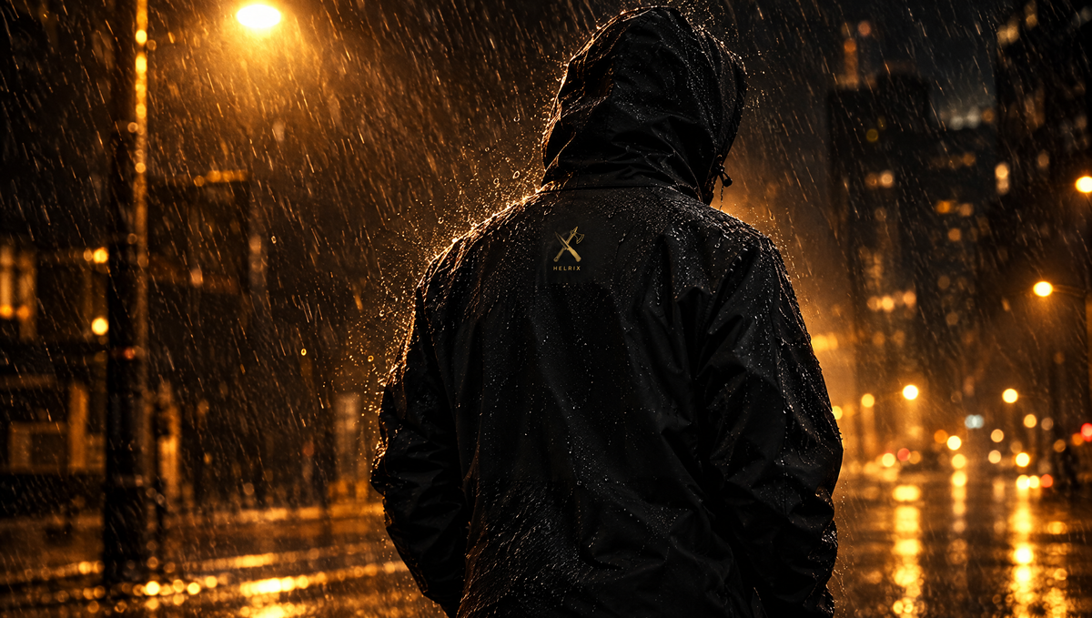 Silhouette im Regen mit HELRIX-Logo, Teaser für die Allwetter-Kollektion