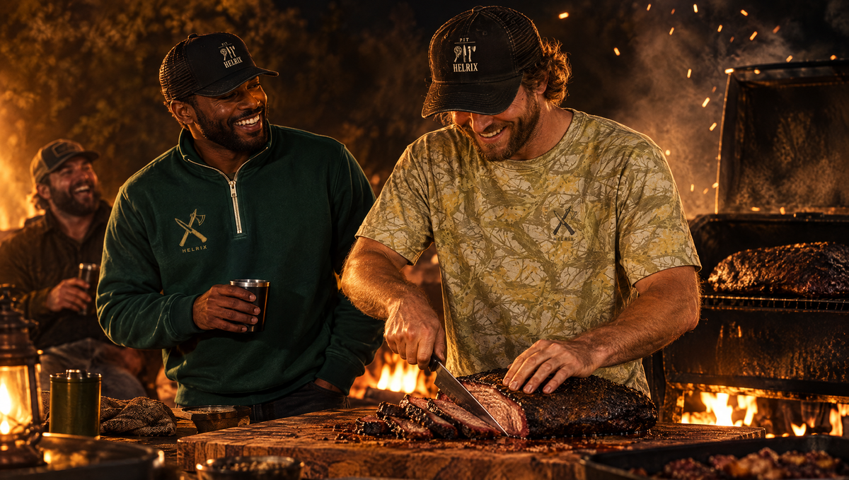 Freunde in HELRIX Pit Wear am Feuer