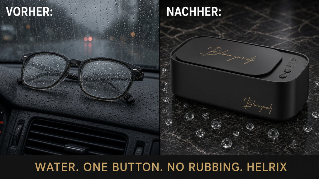 Vorher/Nachher: nasse Brille im Auto und der SoniQ Lens Spa – Water. One button. No rubbing.