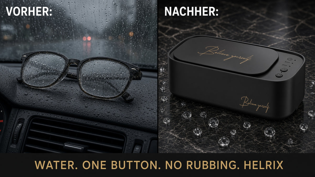 Vorher/Nachher: nasse Brille im Auto und der SoniQ Lens Spa – Water. One button. No rubbing.