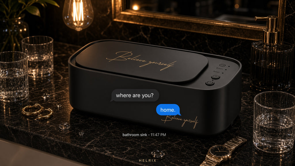 SoniQ Lens Spa im Badezimmer auf schwarzem Marmor – where are you? home.