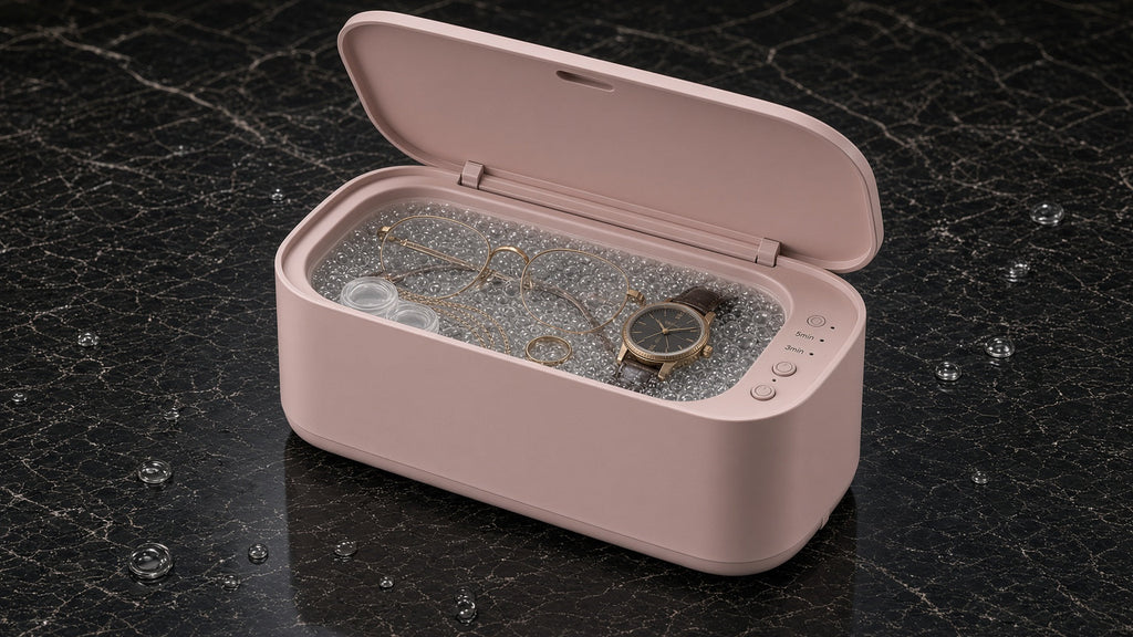Blush Pink mit Brille, Uhr, Ring und Kontaktlinsenbehälter