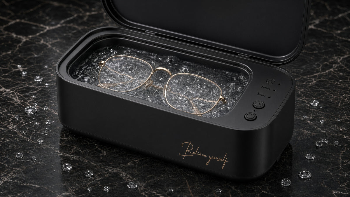 Brille wird im SoniQ Lens Spa Travel Black per Ultraschall gereinigt