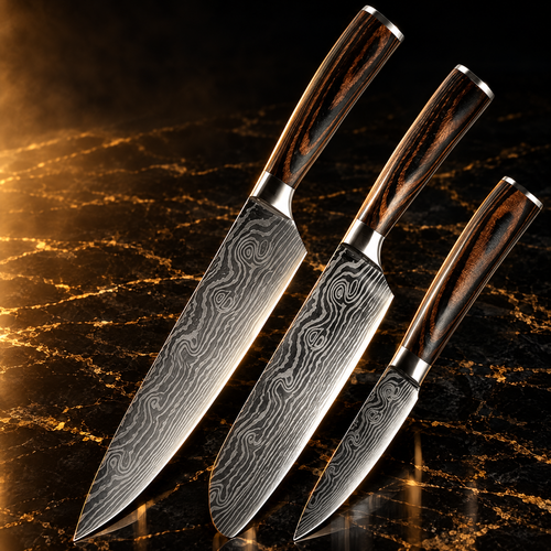 HELRIX Chef's Set – Kochmesser-Set in Damast-Optik auf schwarzem Marmor